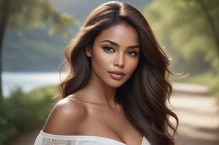 Generate hyper realistic image of a beautiful woman with long, brown hair cascading down her shoulders. Her gaze meets the viewer's eyes as she poses outdoors, wearing open, off-shoulder clothes that complement her dark skin. The realistic depiction captures the essence of her beauty, highlighting her lips and upper body against a background reminiscent of a captivating photo.