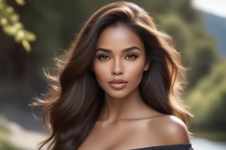 Generate hyper realistic image of a beautiful woman with long, brown hair cascading down her shoulders. Her gaze meets the viewer's eyes as she poses outdoors, wearing open, off-shoulder clothes that complement her dark skin. The realistic depiction captures the essence of her beauty, highlighting her lips and upper body against a background reminiscent of a captivating photo.