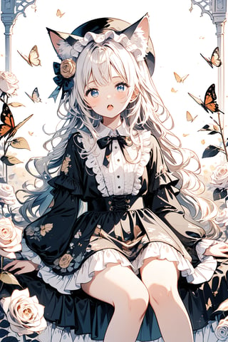 1girl, solo, long hair, looking at viewer, blush, open mouth, bangs, blue eyes, hair ornament, hat, dress, bow, holding, animal ears, sitting, full body, flower, white hair, frills, cat ears, hair flower, english text, animal ear fluff, rose, floral print, bug, white flower, butterfly, lolita fashion, white rose