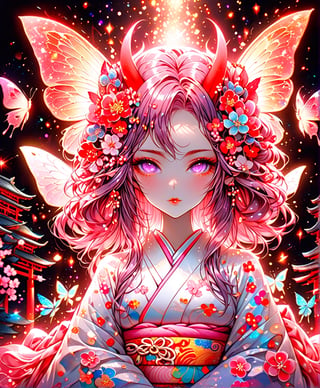 Black and white line drawing, 8k high resolution, ultra-high resolution picture quality, mysterious and weird atmosphere, masterpiece, boutique, aesthetic, 1girl, solo, sexy, 20-year-old woman, demon fox, vixen, butterfly hair accessories, long colored hair, nudity Shoulders, coquettish and sexy close-fitting kimono, kimono with blooming cherry blossom pattern, tiptoes, purple eyes, night, there are many cherry blossoms around, sparkling light spots, huge torii shrine, glowing fireflies, beautiful woman, Simple watercolor background (center), very detailed,japan,glitter