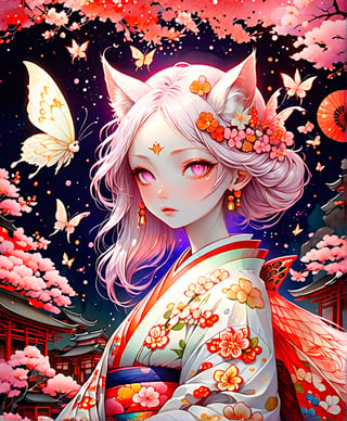 Black and white line drawing, 8k high resolution, ultra-high resolution picture quality, mysterious and weird atmosphere, masterpiece, boutique, aesthetic, 1girl, solo, sexy, 20-year-old woman, demon fox, vixen, butterfly hair accessories, long colored hair, nudity Shoulders, coquettish and sexy close-fitting kimono, kimono with blooming cherry blossom pattern, tiptoes, purple eyes, night, there are many cherry blossoms around, sparkling light spots, huge torii shrine, glowing fireflies, beautiful woman, Simple watercolor background (center), very detailed,japan,glitter