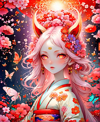 Black and white line drawing, 8k high resolution, ultra-high resolution picture quality, mysterious and weird atmosphere, masterpiece, boutique, aesthetic, 1girl, solo, sexy, 20-year-old woman, demon fox, vixen, butterfly hair accessories, long colored hair, nudity Shoulders, coquettish and sexy close-fitting kimono, kimono with blooming cherry blossom pattern, tiptoes, purple eyes, night, there are many cherry blossoms around, sparkling light spots, huge torii shrine, glowing fireflies, beautiful woman, Simple watercolor background (center), very detailed,japan,glitter