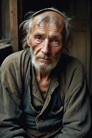 glamour portrait shot (from above:0.5) of poor Latvian 1800 old worker in rags, ((overwhelming fatigue)), wrinkles of age, photorealistic, moody colors, gritty, messy style of Alexey Savrasov, Ivan Shishkin, Ilya Repin, highly detailed,