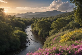 A vibrant landscape depicting a winding river flanked by lush embankments on either side. The embankments are adorned with colorful flowers and foliage, creating a picturesque scene. In the center of the image stands a charismatic figure, radiating confidence and charm. They are raising their arms triumphantly, basking in the glow of their accomplishment. Behind them, the sun sets in a blaze of golden light, symbolizing the culmination of their triumph. Birds soar overhead, adding to the sense of freedom and achievement in the air