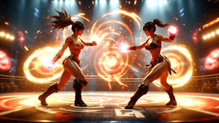 Fighting game screen capture. Two stylized female characters facing each other in dynamic battle poses. Detailed background of fantastical arena. particle effects emanating from letters. Hyper-realistic textures on characters. Motion blur suggesting recent powerful hit. Dramatic lighting. topless, big tits