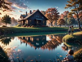 (masterpiece, legendary, highest_resolution, highly detailed), (hyper surrealism:1.4), sharpen_details, landscape_photography, (a stunning and vibrant HDR image of a big [wooden ? timber ? concerete] house during the autumn season with two little kids playing outside and a beautiful lake in the foreground:1.5), (trees, fallen leaves, leaves falling, ground, grass, flower, sky, cloud, birds, sunlight, reflection, shadows, windy, ultra sharp), (intricate tree details, extremely detailed CG, creative use of empty space:1.3), (best quality, 64K, UHD, captivating, lifelike, immersive)