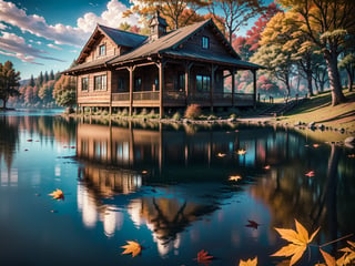 (masterpiece, legendary, highest_resolution, highly detailed), (hyper surrealism:1.4), sharpen_details, landscape_photography, (a stunning and vibrant HDR image of a big [wooden ? timber ? concerete] house during the autumn season with a beautiful lake in the foreground:1.5), (trees, fallen leaves, leaves falling, ground, grass, flower, sky, cloud, birds, sunlight, reflection, shadows, windy, ultra sharp), (intricate tree details, extremely detailed CG, creative use of empty space:1.3), (best quality, 64K, UHD, captivating, lifelike, immersive, no human, no character)