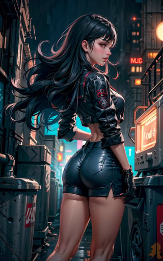 1girl, solo, cyberpunk world, center frame, (medium close-up:1.5), (side view:1.5), glancing at viewer, smirking, (shallow depth of field:1.5), sharp focus, bokeh, red, black, cyberpunk outfit, brown eyes, long wavy hair, bangs, alleyway, buildings, dark, gritty, (foggy:1.5), midnight, (gigantic moon:1.5), moon light, clouds, lamps, colored lights, dimmed lights, backlit, (wind:1.3), greasy, burning dumpsters, graffiti, pipelines, neon signboards, reflections, glare.
<BREAK>
(masterpiece:1.4), (best quality:1.4), 8K, UHD, (HDR:1.4), (vibrant colors:1.4), (hyper photorealistic:1.4), (surrealism:1.4), high resolution, dramatic, (bloom), cinematic lighting, backlight, ultra-detailed, raytracing, intricate details, film grain, perfect hands, perfect legs, perfect body, sci-fi, cyberpunk style.