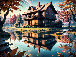 (masterpiece, legendary, highest_resolution, highly detailed), (hyper surrealism:1.4), sharpen_details, landscape_photography, (a stunning and vibrant HDR image of a big [wooden ? timber ? concerete] house (in focus) during a slightly windy day in the autumn season with a beautiful lake in the foreground:1.5), (trees, fallen leaves, leaves falling, ground, grass, flower, sky, cloud, birds, sunlight, reflection, shadows, wind, ultra sharp, house focus), (intricate tree details, extremely detailed CG, creative use of empty space:1.3), (best quality, 64K, UHD, captivating, lifelike, immersive, no humans)