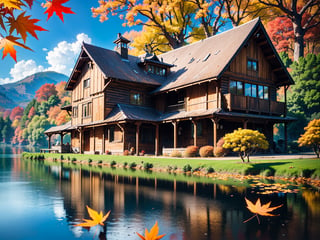 (masterpiece, legendary, highest_resolution), (hyper surrealism:1.4), enhanced_details, landscape_photography, (a stunning and vibrant RAW photograph of a big [wooden ? timber ? concerete] house during the autumn season with a beautiful lake in the foreground:1.5), (trees, fallen leaves, leaves falling, ground, grass, flower, sky, cloud, birds, sunlight, reflection, shadows, windy), intricate detail, (creative use of empty space:1.3),  (best quality, 64K, UHD, captivating, immersive, hyper_surrealism, no human, no character)