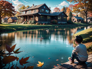 (masterpiece, legendary, highest_resolution, highly detailed), (hyper surrealism:1.4), sharpen_details, landscape_photography, (a stunning and vibrant HDR image of a big [wooden ? timber ? concerete] house (in focus) during the autumn season with (two_kids) playing in front of the house. Add a beautiful lake in the foreground:1.5), (trees, fallen leaves, leaves falling, ground, grass, flower, sky, cloud, birds, sunlight, reflection, shadows, windy, ultra sharp, house focus), (intricate tree details, extremely detailed CG, creative use of empty space:1.3), (best quality, 64K, UHD, captivating, lifelike, immersive)