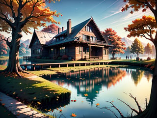 (masterpiece, legendary, highest_resolution, highly detailed, vibrant colors), (hyper surrealism:1.3), sharpen_details, landscape_photography, (a stunning RAW photograph of a big [wooden ? timber ? concerete] house (in focus) during a slightly windy day in the autumn season with a beautiful lake in the foreground:1.5), (dock, trees, fallen leaves, leaves falling, ground, grass, flowers, sky, cloud, birds, sunlight, reflection, shadows, wind, ultra sharp, house focus, Chiaroscuro), (intricate tree details, extremely detailed CG, creative use of empty space:1.3), (best quality, 64K, UHD, captivating, lifelike, immersive, no humans)