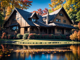 (masterpiece, legendary, highest_resolution), vibrance +5, contrast +7, clarity +10, midtones +7, sharpen +15, enhanced_details, landscape_photography, (a stunning HDR image of a big wooden house during the autumn season with a beautiful lake in the foreground:1.5), trees, fallen leaves, leaves falling, ground, grass, flower, sky, cloud, birds, sunlight, reflection, shadows, windy, intricate detail, (creative use of empty space:1.3),  (best quality, immersive, hyper_surrealism, no human, no character, 64K, UHD, HDR)