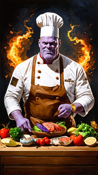 Chef Thanos, Infinity Ingredients, realistic fantasy style, oil painting, by [Alberto Seveso ? Brent Cotton ? Canaletto]