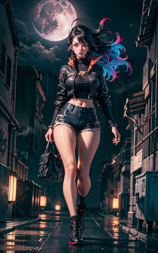 1girl, solo, cyberpunk world, center frame, (full body:1.5), (shallow depth of field), sharp focus, bokeh, red, black, cyberpunk outfit, brown eyes, long wavy hair, bangs, alleyway, buildings, dark, gritty, (foggy:1.5), midnight, (gigantic moon:1.5), moon light, clouds, lamps, colored lights, dimmed lights, backlit, (wind:1.3), greasy, burning dumpsters, graffiti, pipelines, neon signboards, reflections, glare.
<BREAK>
(masterpiece:1.4), (best quality:1.4), 8K, UHD, (HDR:1.4), (vibrant colors:1.4), (hyper photorealistic:1.4), (surrealism:1.4), high resolution, dramatic, (bloom), cinematic lighting, backlight, ultra-detailed, raytracing, intricate details, film grain, perfect hands, perfect legs, perfect body, sci-fi, cyberpunk style.