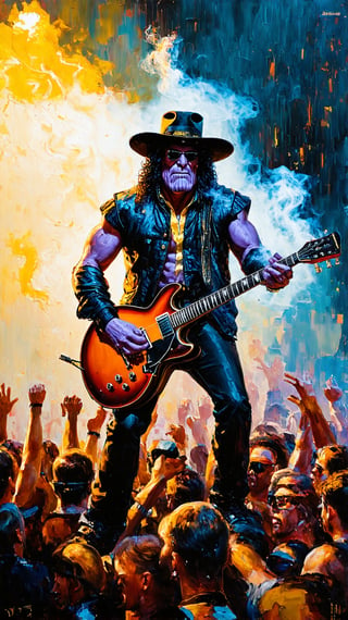 Thanos as Slash, smoking, guitar solo, November Rain, live concert, wild crowd, realistic fantasy style, oil painting, by [Alberto Seveso ? Brent Cotton ? Canaletto]