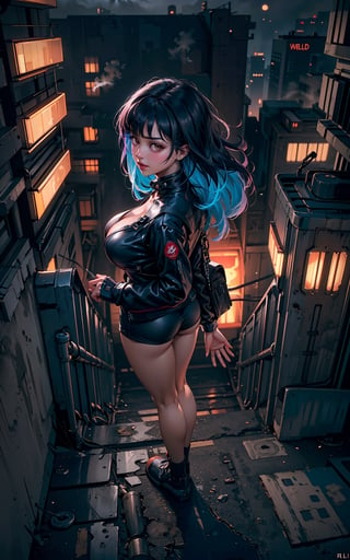 1girl, solo, cyberpunk world, center frame, (full body:1.5), (from above:1.5), smirking, blushing, parted lips, (shallow depth of field:1.5), sharp focus, bokeh, red, black, cyberpunk outfit, brown eyes, long wavy hair, bangs, alleyway, buildings, dark, gritty, (foggy:1.5), midnight, (gigantic moon:1.5), moon light, clouds, lamps, colored lights, dimmed lights, backlit, (wind:1.3), greasy, burning dumpsters, graffiti, pipelines, neon signboards, reflections, glare.
<BREAK>
(masterpiece:1.4), (best quality:1.4), 8K, UHD, (HDR:1.4), (vibrant colors:1.4), (hyper photorealistic:1.4), (surrealism:1.4), high resolution, dramatic, (bloom), cinematic lighting, backlight, ultra-detailed, raytracing, intricate details, film grain, perfect hands, perfect legs, perfect body, sci-fi, cyberpunk style.