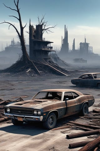 please create me the a post apocalyptic scene, it must be realisitc, high defintion, rusty old cars, dead trees, dead vinesscience fiction