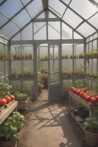 Image of a greenhouse. The greenhouse is made of glass with windows on the sides, some of which are open. At the front, there is a double door, both doors are open. Inside the greenhouse,  tomatoes are growing, chilies and capsicums are growing also. There is also a work table with a bag of potting mix underneath it, and gumboots are nearby. The image should be visibly clear with no deformities or blurry art