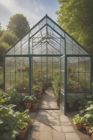 Image of a greenhouse. The greenhouse is made of glass with windows on the sides, some of which are open. 