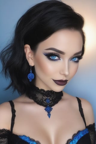 full body shot of a  women, wearing a tight fitting black lace dress with blue  stitching, she has bright blue eyes, she has bright blue wavy shoulder length hair, she has light gothic make up, she has earrings and a nose ring, she is perfect and beautiful, she has a cheeky smirk,goth girl