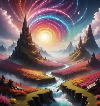 Create a high-definition, fantastical magical bright colourful landscape