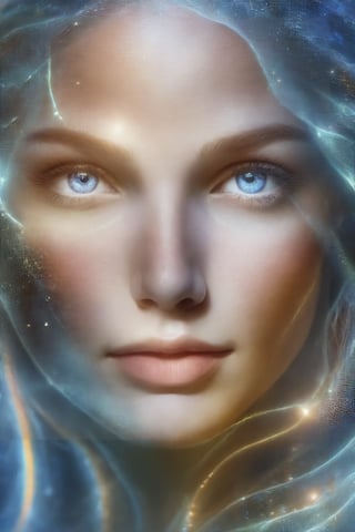 Generate hyper realistic image of a beautiful woman with long flowing hair, gazing directly at the viewer with serene blue eyes. Her parted lips hint at a subtle expression of tranquility, and realistic freckles grace her nose. .,colorful,more detail XL ,DonMM4g1cXL ,DonM3l3m3nt4lXL,LightPainting