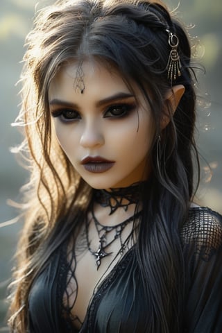 create a beautiful women with a  dark soul, dark boho, black sclera eyes, hkmagic, DonMV31l0fD4rkn355XL, drkbh