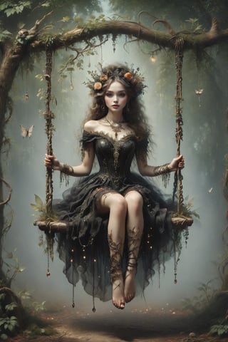 create an image of a female of gothic/fairy ancestory, wearing traditional clothng, jewelery and make, perfect, sitting on on a swing that is attached by chain to a branch of  tree