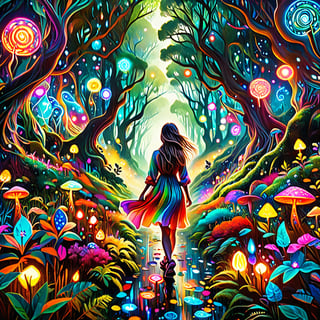 create an illustrative picture of a girl walking through a psychedlic forest, its bright, colourful, full of mystical life,zhibi