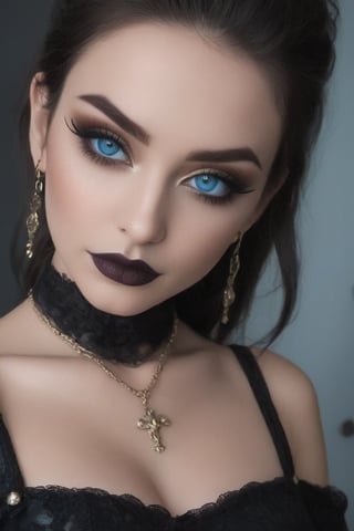 extreme close up of a women, she has bright blue eyes, she has black wavy shoulder length hair, she has light gothic make up, she has earrings and a nose ring, she is perfect and beautiful, she has a cheeky smirk,goth girl