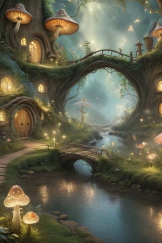 Envision a whimsical, magical mushroom village where little fireflies dance in the air and adorable fairies dwell.,fairytale,Fairy,Fairy dress