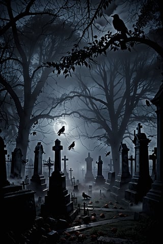 A haunted cemetery, late at night, enveloped in mist, with dark shadows lurking, crows perched in the somber trees, and ghosts present all around.