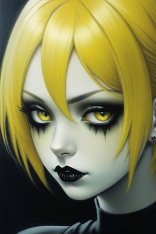 Create an close up of a female with short yellow hair , a few yellow little black are in her hair, wearing a black collared dress, her eyes a reflection of her soul,fflixmj6,goth person