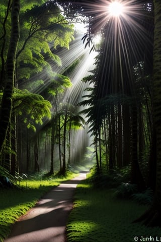 Deep within the rainforest, tall green lush trees, ferns, and flowers, along with animal life, blanket the forest floor. Sunlight streams through the tree canopy, creating a scene that is both beautiful and serene, as rain softly descends. deer in the background,,inch0226b