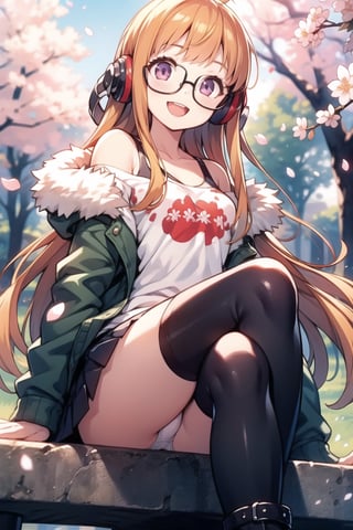 1girl, futabasakura, blunt bangs, glasses, black-framed eyewear, ahoge, small breasts, 

glasses, headphones, behind-the-head headphones, white shirt, jacket, off shoulder, fur trim, fur-trimmed jacket, green jacket, blaxk mini skirt, thighhighs, boots

outdoor, cherry blossoms,  (masterpiece), (illustration), (beautiful detailed eyes), extremely detailed face, perfect lighting, extremely detailed CG, (perfect hands, perfect anatomy), 

sitting, crossed legs,
 looking at viewer, smile, open mouth, upskirt, panties,futabasakura