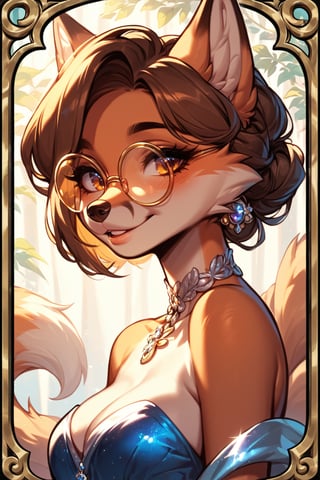 score_9, score_8_up, score_7_up, 1 girl, anthro fox, by: kanel, multiple tails, volumetric lighting, angled bob hairstyle (brown), round glasses, an anime-style image, pretty evening dress, close-up protrait, (on a tarot card)