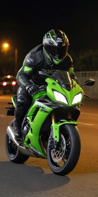 kawasaki bike on the road with a beautyful backgroud while racing 20 years man with black paaint black hoddie black and neon yellow helmate with closed helmet
background: ,side view of the bike,nighttime , with the crowed on the road all the bikes should move and the bike should go , it should be like a real pic which was captured by the man through the moble ,

CHANGE THE MODEL OF THE BIKE KAWASAKI A NEW MODEL NOT LIKE A KTM BIKE CHANGE THE MODEL 