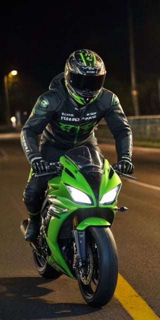 kawasaki bike on the road with a beautyful backgroud while racing 20 years man with black paaint black hoddie black and neon yellow helmate with closed helmet
background: ,side view of the bike,nighttime , with the crowed on the road all the bikes should move and the bike should go , it should be like a real pic which was captured by the man through the moble ,

CHANGE THE MODEL OF THE BIKE KAWASAKI A NEW MODEL NOT LIKE A KTM BIKE CHANGE THE MODEL 