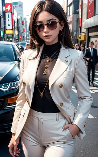 masterpiece, best quality, 3D rendering, 3DMM style, wide shot, sportrait, 3D, 1girll,(((Japanese mafia boss's daughter)))gets out of the car accompanied by her bodyguards on the streets of Tokyo. smile, wearing sunglasses, Solo, （Brunette long hair 3.2）, necklace, freckles, jewelry, Look realistically at the camera, full body, (suit 1.2) Plain background and white, edges, looking away, short hair, gap lips, green eyes, necklace, makeup
INFORMATION: mafia girl, suit, with bodyguards