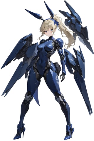 masterpiece, best quality, aesthetic,cyborg, 1girl, solo, long_ponytail, gold_long hair, full body,  standing, high heels, breasts, robot joints, white background, simple background, medium breasts,  futuristic bodysuit, realistic,knight,toki \(blue_archive\),robot,looking_at_viewer,toki \(blue archive\)