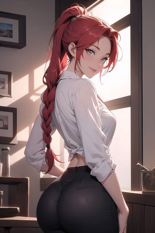 A sultry Makima from the anime series sits solo in a dimly lit room, her red hair cascading down her back like a fiery waterfall. Her ringed eyes gleam with a subtle hint of mischief as she gazes directly at the viewer. A braided ponytail adorns her head, framing her striking features. She wears a crisp white shirt with a black necktie and matching pants, drawing attention to her curvaceous figure. The camera frames her from behind, showcasing her impressive posterior as she confidently presents it to the viewer, accompanied by a sly upturned smile.