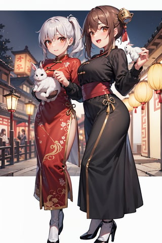 Two beautiful girls, holding a rabbit, white_skin, brown_hair, side ponytail hair, Good figure, 
Wear the light color traditional dress of the Han Chinese people, 
Background is Lantern Festival, many lantern,red light.