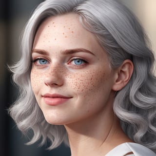 medium hair, white hair, naturally wavy, detailed face, detailed nose, detailed eyes, Light grey eyes, fair_complexion, subtle freckles on her cheeks, freckles, smirk, small_tits, blue_dress, full_dody, photorealistic, 