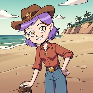 score_9, score_8_up, score_7_up, 1 teen girl, Amity Blight, short purple hair, pointy ears, brown cowboy outfit, belt, yellow eyes, cowboy hat, slight smile, looking at viewer, beach background, cartoon,