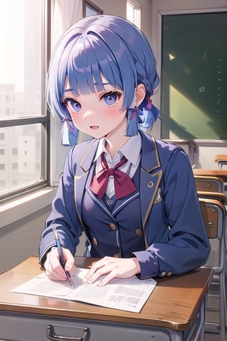 ayaka_genshin, school_uniform, desks, window