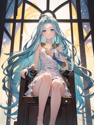 (masterpiece, best quality:1.5),
1gril, solo,
Lyria,blue hair, long hair, blue eyes, ahoge,
Lyriadress,white dress,short skirt,barefoot,no underwear,
narrow waist, flat chest,
looking at viewer, 
wet dress,wet hair,
sitting on throne, 
golden hour, dreamy ethereal lights, neo-primitivism, golden ratio, art nouveau, Bauhaus classicism, cherry blossoms, pink and gold, german romanticism, tarot,
cross legs, from below,angle shot,close up