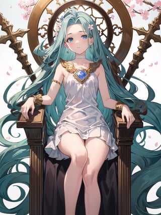 (masterpiece, best quality:1.5),
1gril, solo,
Lyria,blue hair, long hair, blue eyes, ahoge,
Lyriadress,white dress,short skirt,barefoot,no underwear,
narrow waist, flat chest,
looking at viewer, 
wet dress,wet hair,
sitting on throne, 
golden hour, dreamy ethereal lights, neo-primitivism, golden ratio, art nouveau, Bauhaus classicism, cherry blossoms, pink and gold, german romanticism, tarot,
cross legs, from below,angle shot,close up