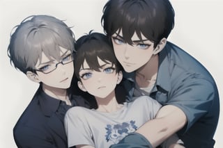 Blank background, looking at the viewer, looking up perspective, close-up, three people, shirt, upper body, gray hair, sunglasses, 3 boys, printed shirt, blue jacket, short hair, guweiz style,naoto_tachibana,1guy,hug