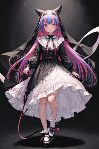 1girl, solo, long hair, looking at viewer, bangs, 1 blue eyes,1 PINK eyes, simple background, long sleeves, dress, ribbon, closed mouth, blue hair, pink hair the tail, multicolored hair,  standing, full body,shoes, virtual youtuber, black footwear, black dress, black ribbon, neck ribbon, black background, colored inner hair, nun, habit